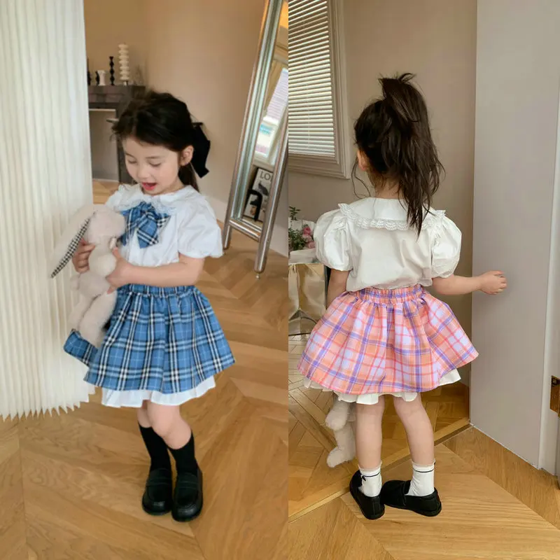 

Girls Suit Girls Summer Plaid Bow Shirt + Pompadour Skirt Girl Outfit Set Girls Clothes