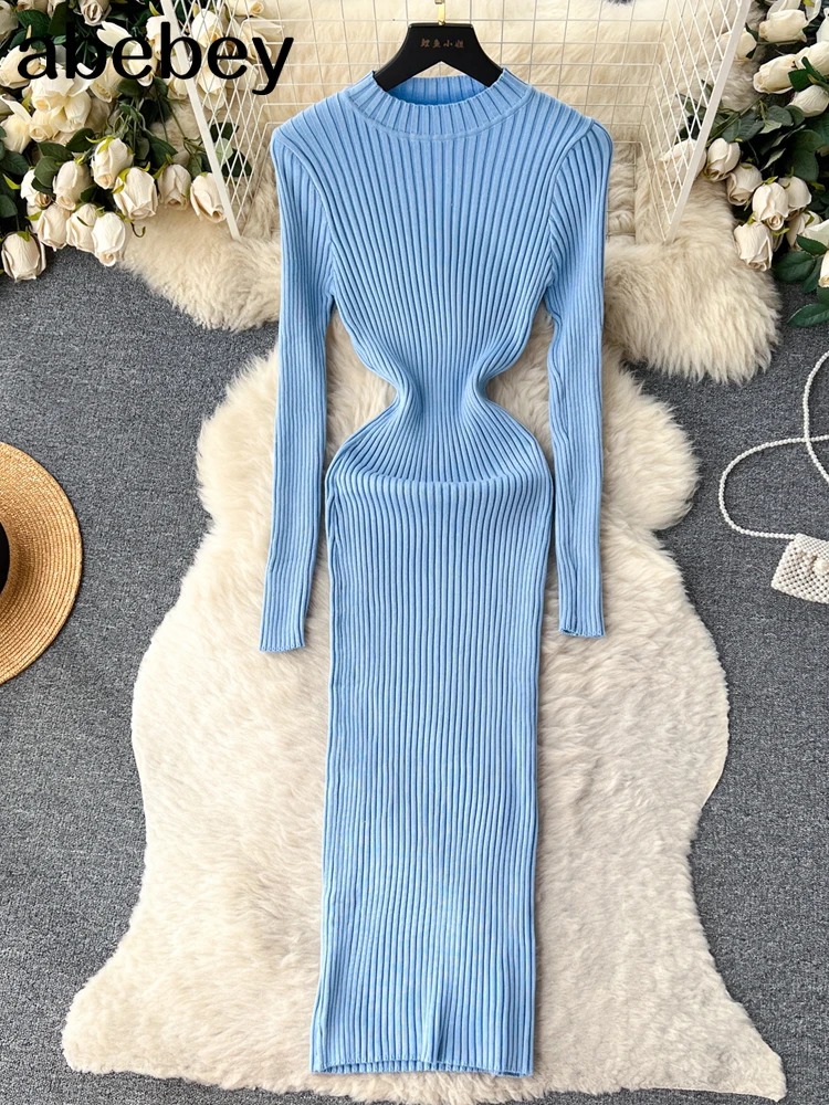 

2023 Autumn Knitted Solid Dress O Neck Long Sleeve Elastic Women Fashion France Elegant Slim Striped BodyconDress