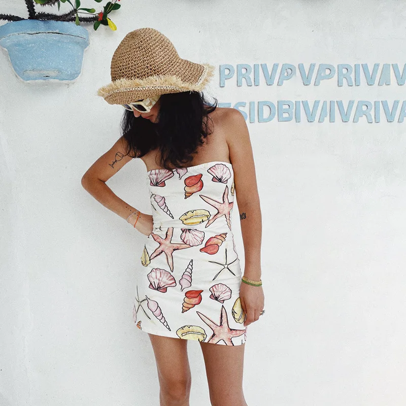 

New Women Summer Tube Dress Sea Snail/Sea Plant Print Strapless Off-Shoulder Sleeveless Tight Fashion For Ladies Club Streetwear