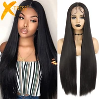 32inches long straight synthetic lace front wig with baby hair middle part brown colored soft lace hair wigs for women x tress