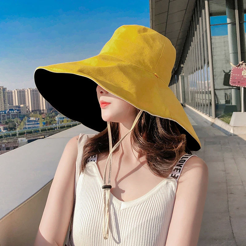 

Big Brim Sun Hat Foldable Cotton Breathable Outdoor Fashion UV Protection Fisherman Hat Solid Color Sun Bucket Hat