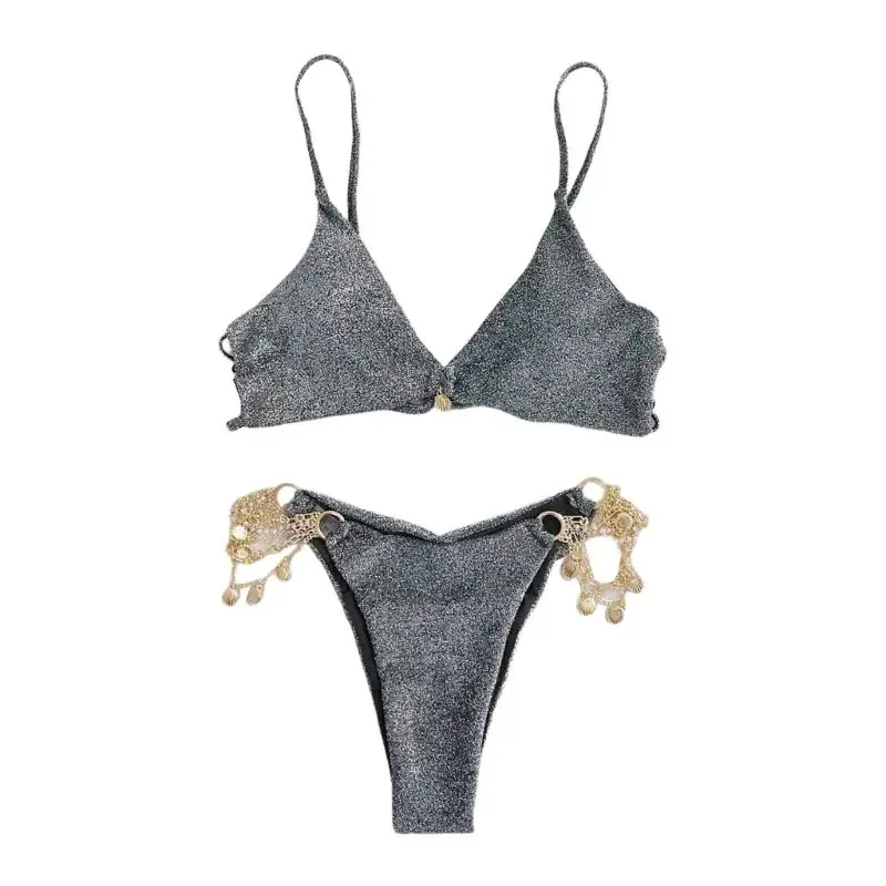 

Сексуальный купальный костюм из двух предметов для женщин, комплект бикини с открытой спиной для девушек, блестящий купальник с металлической цепочкой, украшенный жемчугом
