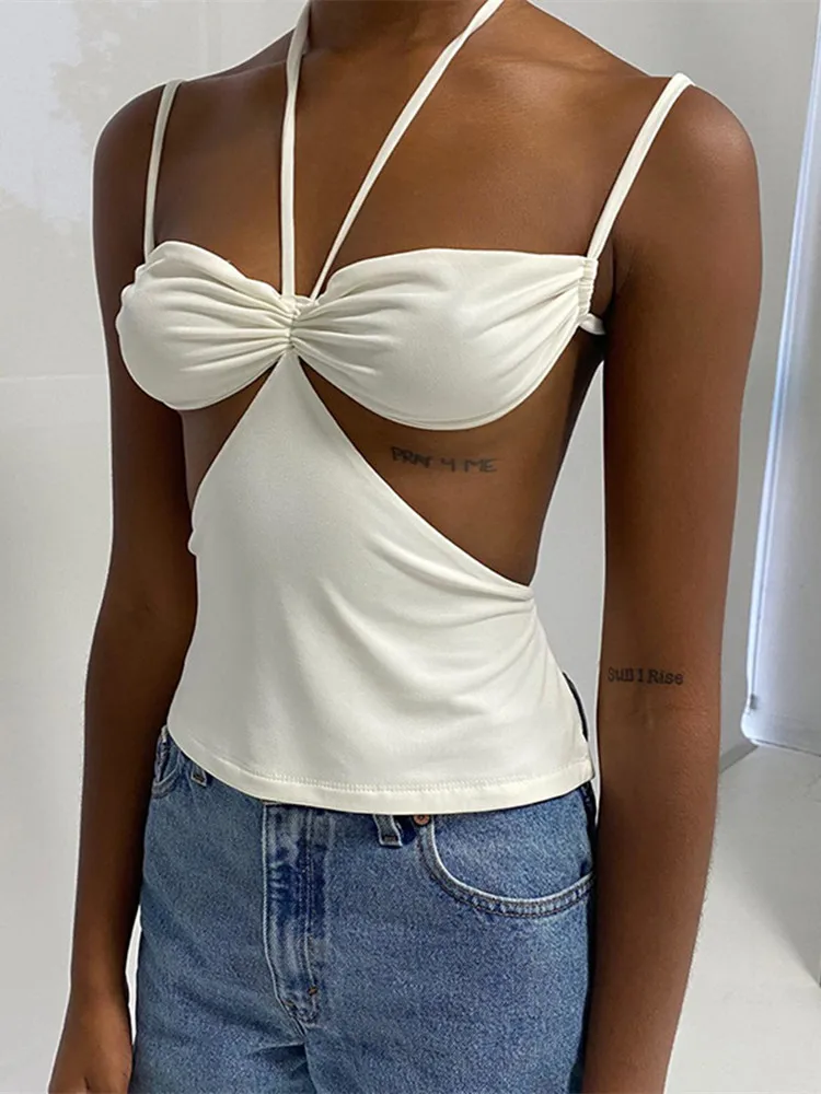 

New Halter Neck Hollow Out Summer White Crop Top Sexy Women Backless Bandage 2022 Y2K Tank Tops Sleeveless Cami