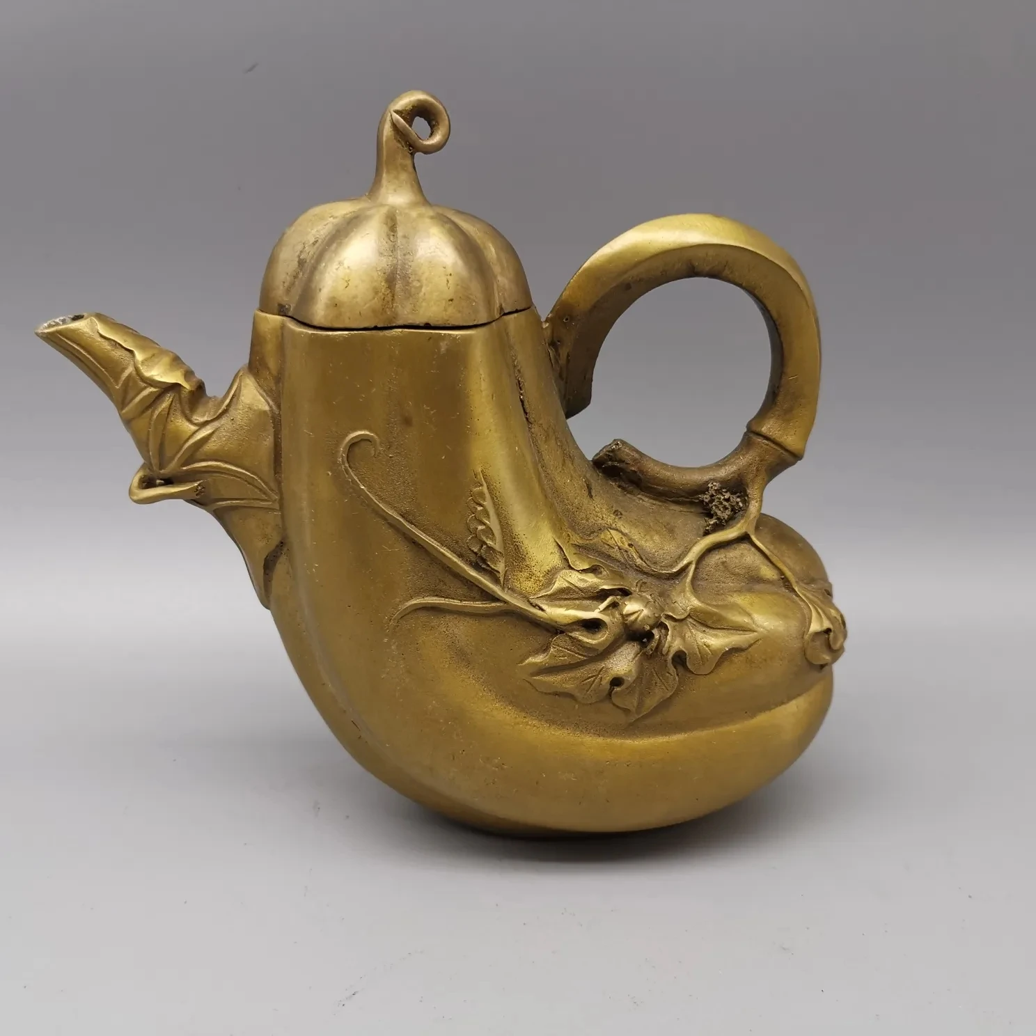 

Old Chinese Brass Hand-Carved Lucky Bamboo Statue Teapot Bronze Collection