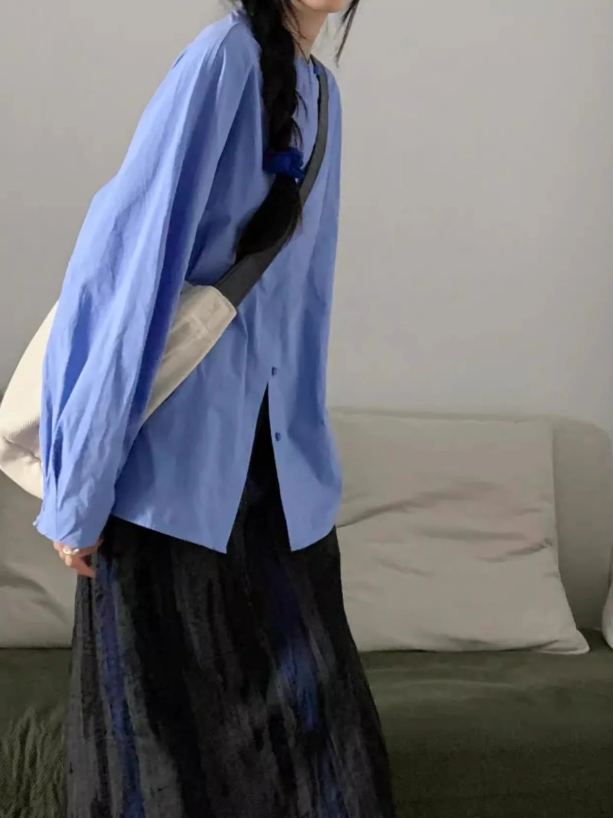 Новинка 2024 синие рубашки в стиле ретро со скрытой пряжкой и воротником-стойкой