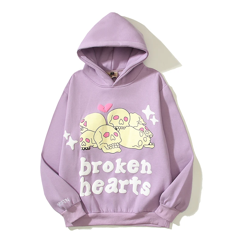 

Broken Heart Skull Letter Foam Fleece Pullover Hoodies Unisex Stranger Things Oversized Cotton Sweatshirts Loose Men Hoody