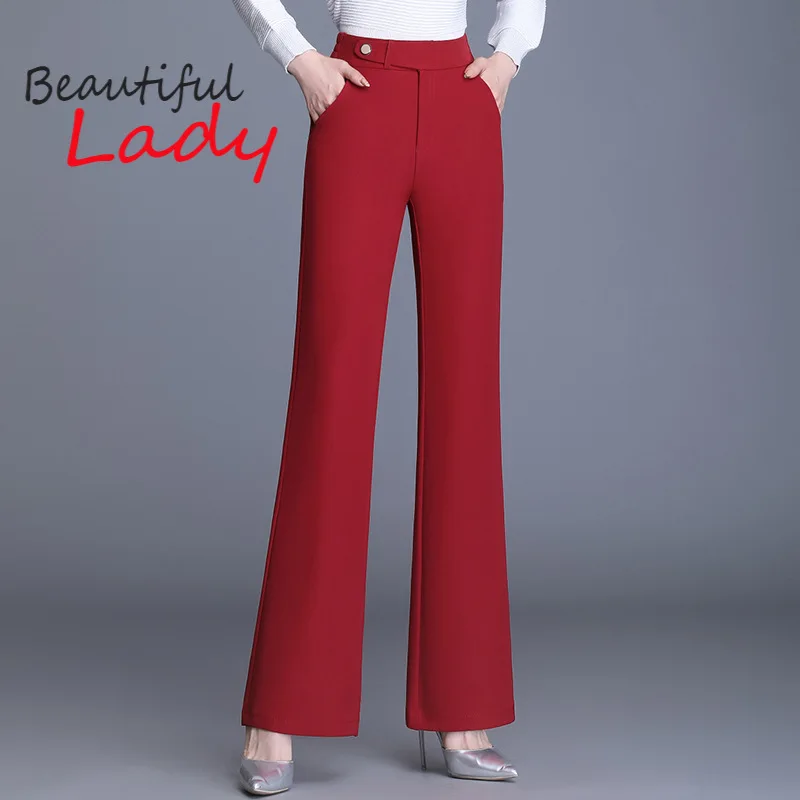 Брюки женские с эластичным поясом, прямые штаны с завышенной талией, черные расклешенные, большие размеры, красные, весна-осень