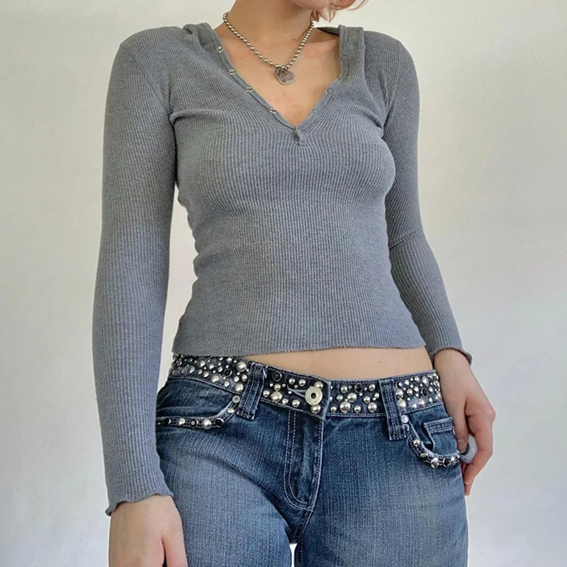 

Женский топ-труба с длинным рукавом, укороченные топы, однотонные ребристые облегающие футболки с V-образным вырезом и капюшоном для весны и лета, трикотажный базовый Y2k