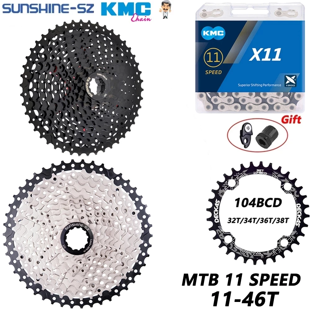 

SUNSHINE MTB Bicycle 11 Speed 11-46T Cassette 11S46T Silver Red /Black Steel Freewheel K7 Sprocket KMC X11 Chain MTB Bike Parts