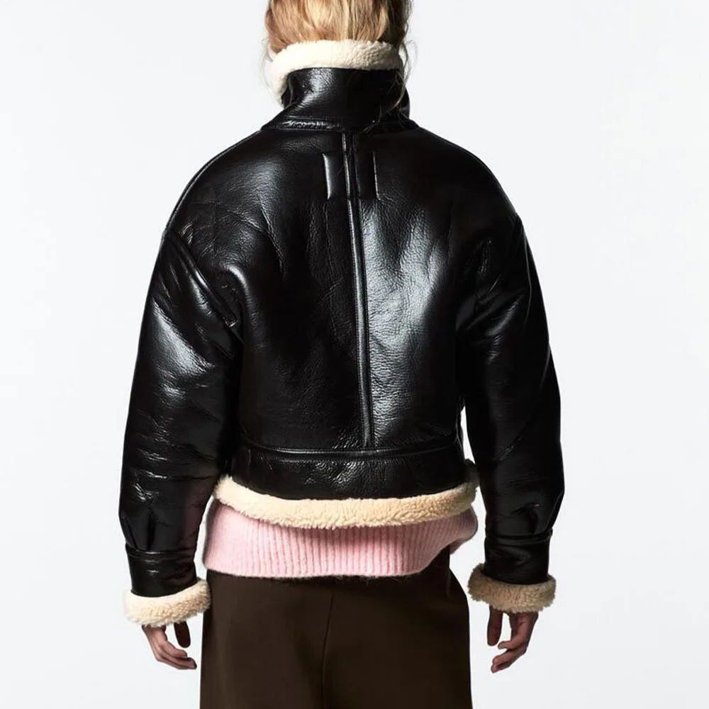 ZA Autumn And Winter New Women's Loose Thickened Fleece Faux Leather Jacket Coat