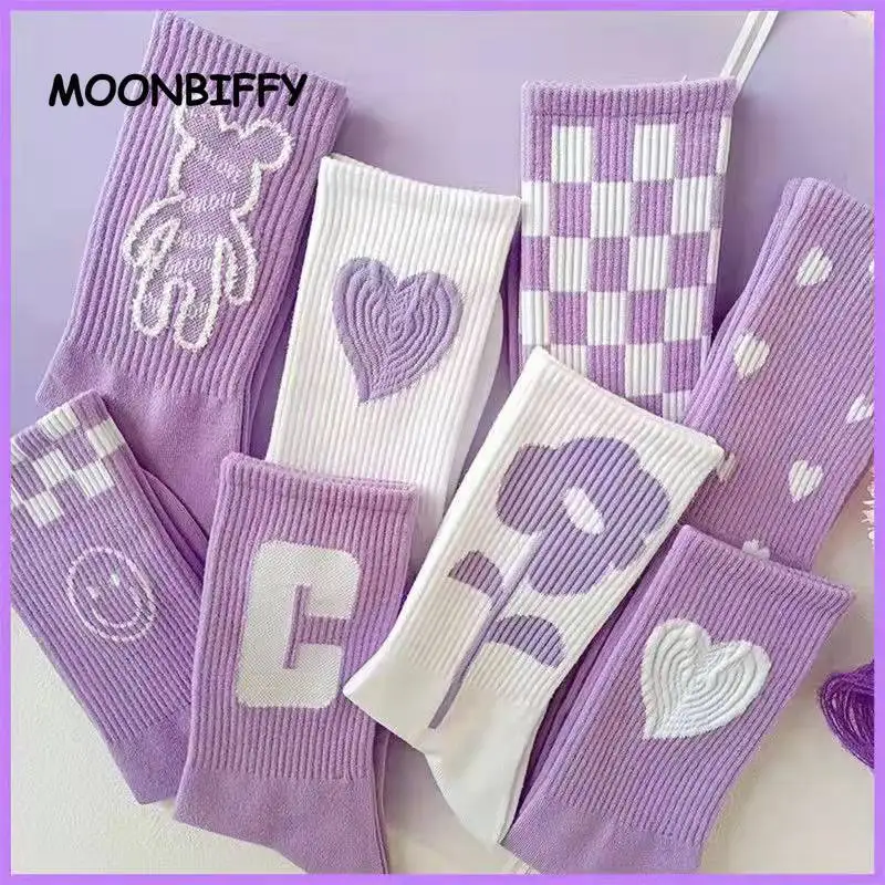 

Korea Ins Tide Purple Socks Love Flowers Ladies Tube Harajuku Cute Sock Sweet College Style Skateboard Sports Socks Calcetines