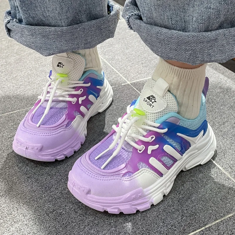

Girls Sports Shoes 2022 Summer Fashion Children's Mesh Gradient Sneakers Kids Casual Mesh Shoes Boys Lace-up Shoes