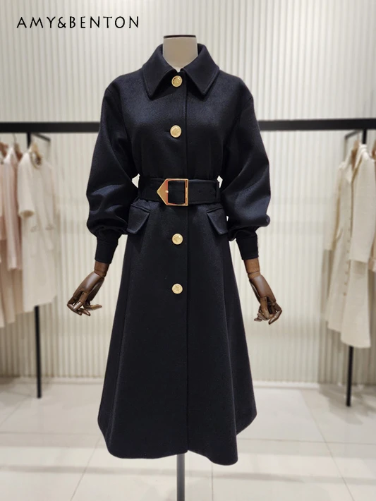 

Fashion High-End Lace-up Slim Wool Coat for Women 2023 Winter New Elegant Mid-Length Suit Coat Lapel Single Breasted OL Coats
