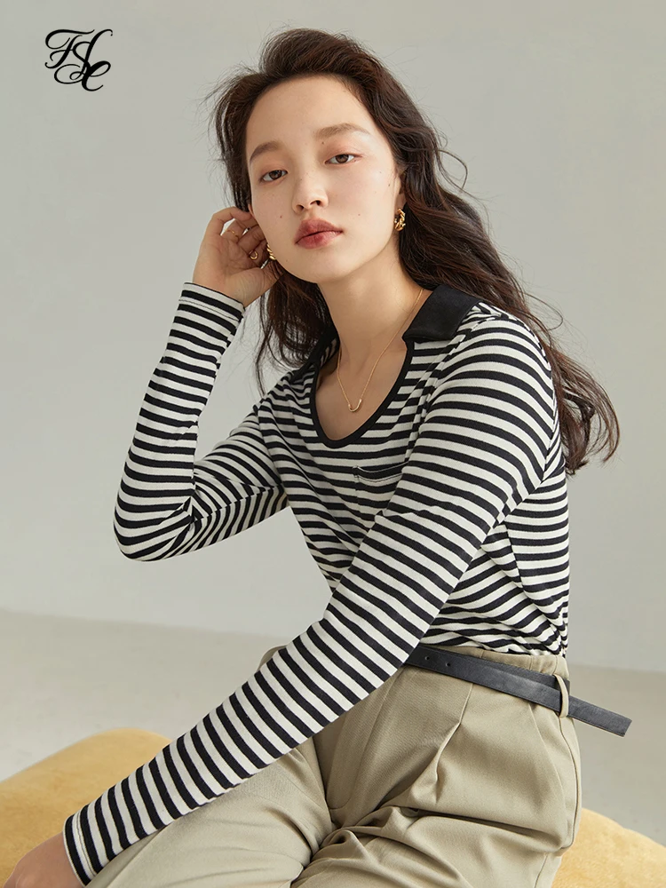 

FSLE Full Slevee Thin Women Sweater свитер Striped Sweater 2022 Spring New U-Neck Korean Soft Bottomed Top Striped Casual