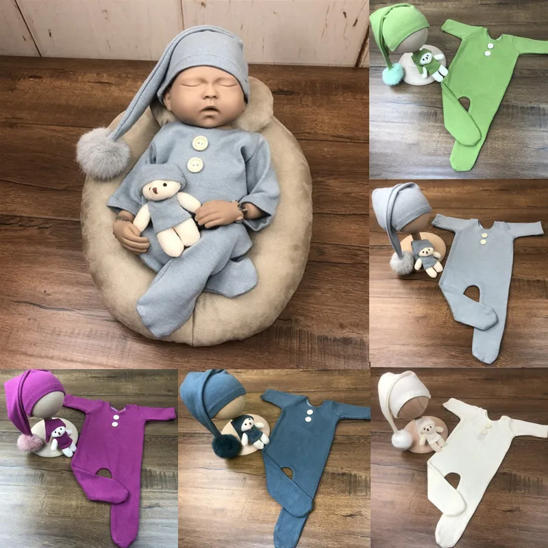 Newborn Photography Clothing Plush Ball Hat+Jumpsuits+Doll 3Pcs/Set Studio Shoot Clothes Outfits Baby Photo Props Accessories