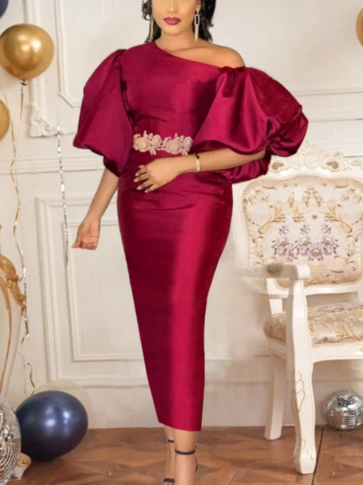 

Birthday Dress Women Long Bodycon Party Diagonal Collar Big Lantern Sleeves Christmas Elegant Event African Evening Home Coming