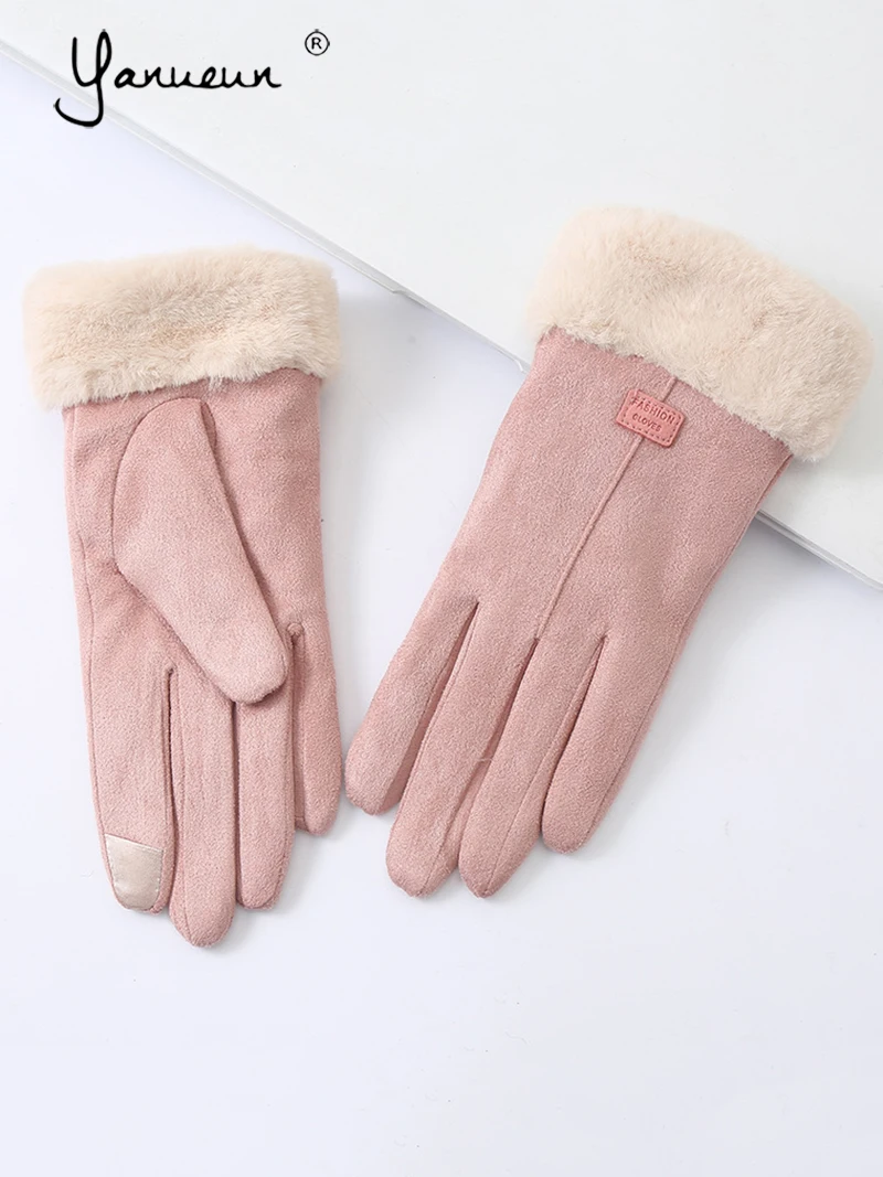 

Yanueun Women Winter Suede Ski Full Finger Gloves Screen Touchable Furry Warm Mitten Outdoor Sport Female Gloves