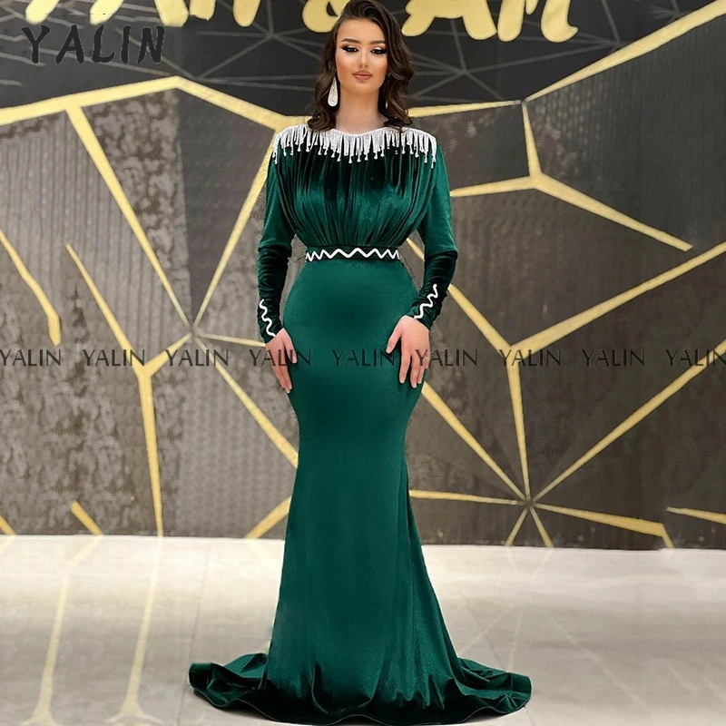 

YALIN Saudi Mermaid O-Neck Evening Grown Floor Length Velvet Tassels Long Sleeve Prom Dress Beading Green sukienka wieczorowa