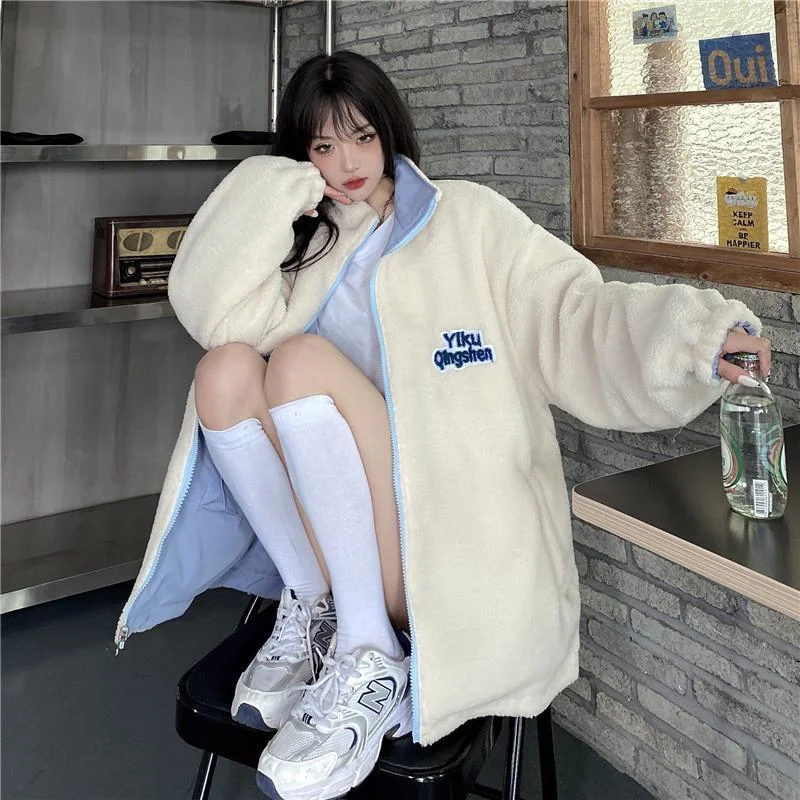 

Korean Fashion Sweatshirt Woman Zip Up Hoodie Y2k 2022 Winter Fleeced Warm Loose Long Sleeve Top Harajuku Coats