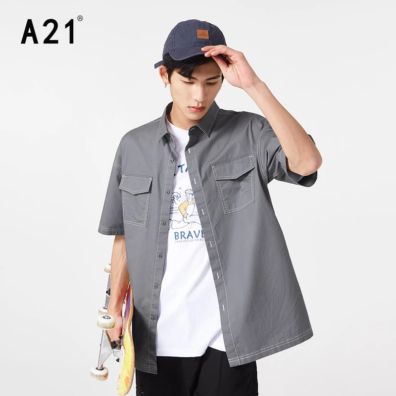 

A21 Summer Men Short Sleeves Grey Shirts 2022 Fashion Male Turn-down Collar Casual Solid Pocket Cotton Shirts Safari Style