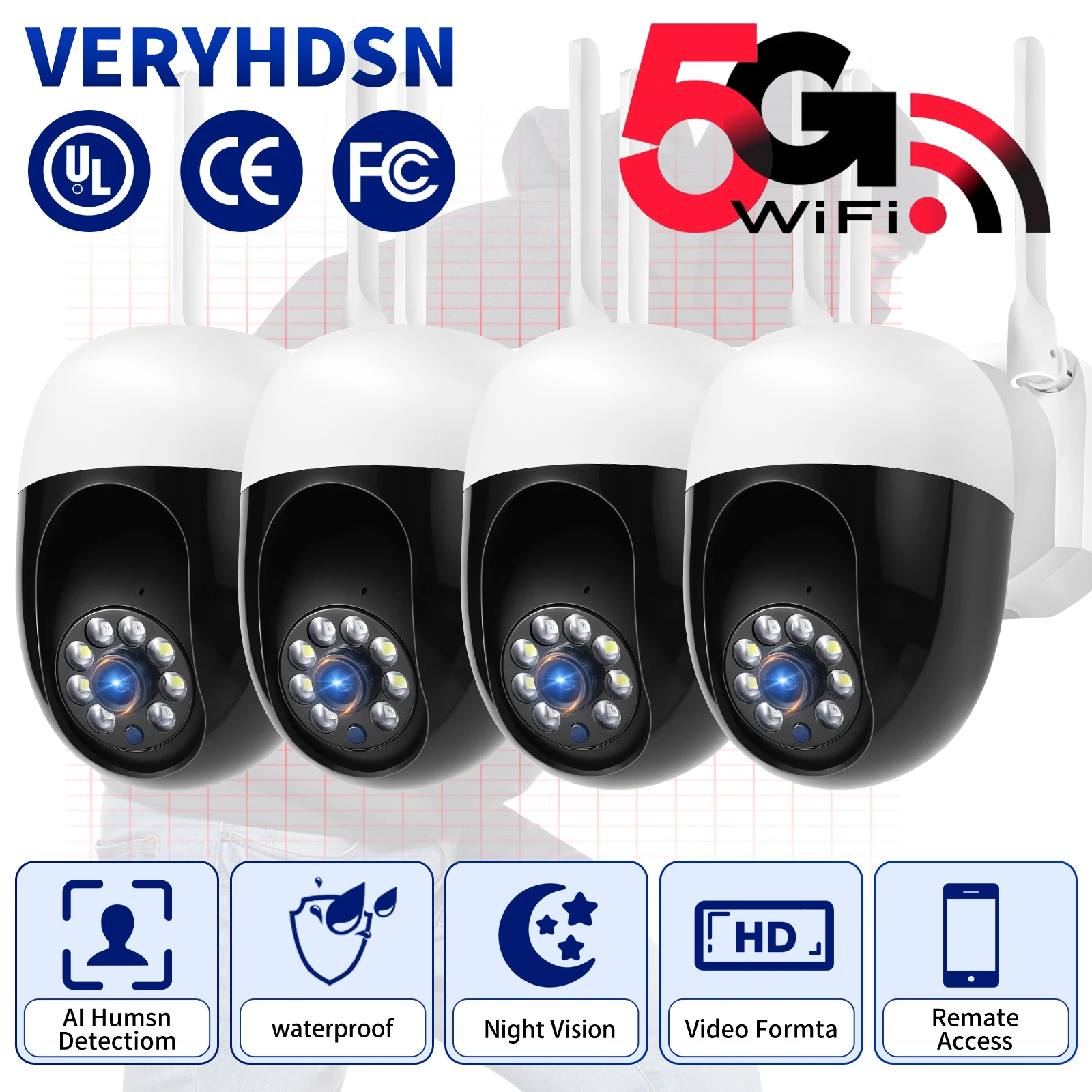 1080P 4PCS CCTV IP Wifi Surveillance Camera Outdoor Waterproof Security Protection Wireless Home Camera Monitor Track Alarm 360°