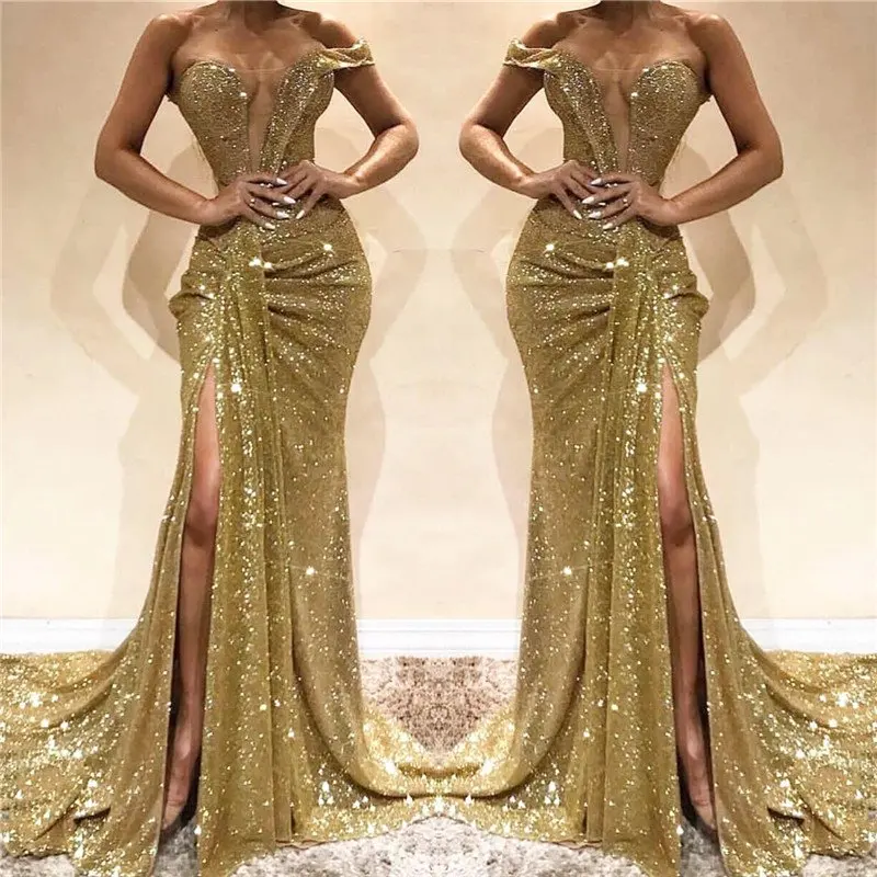 

One Shoulder Sequins Formal Evening Dress Off Shoulder Side Slit Sleeveless Long Prom Dresses Sparkly Ruched Maxi Party Gown