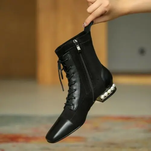

Womens Fashion Lace Up Pearls Block Low Heels Ankle Boots Motorcycle Shoes S20