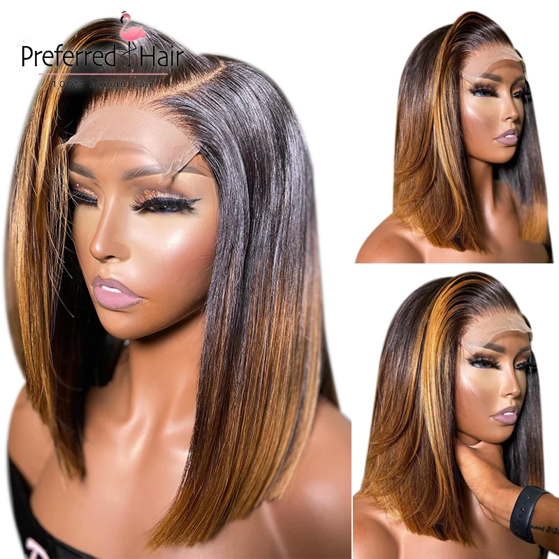 

Короткие прямые волосы Фея хайлайтер медовый блонд цвет 4X4 закрытие бесклеевые прозрачные человеческие волосы парики для женщин Remy бразиль...