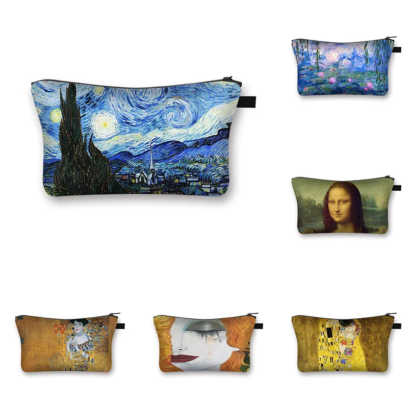 

Starry Night Kiss Waterlily Painting Cosmetic Bag Van Gogh Gustav Klimt Monet Women Makeup Bag Ladies Cosmetic Case Makeup Box