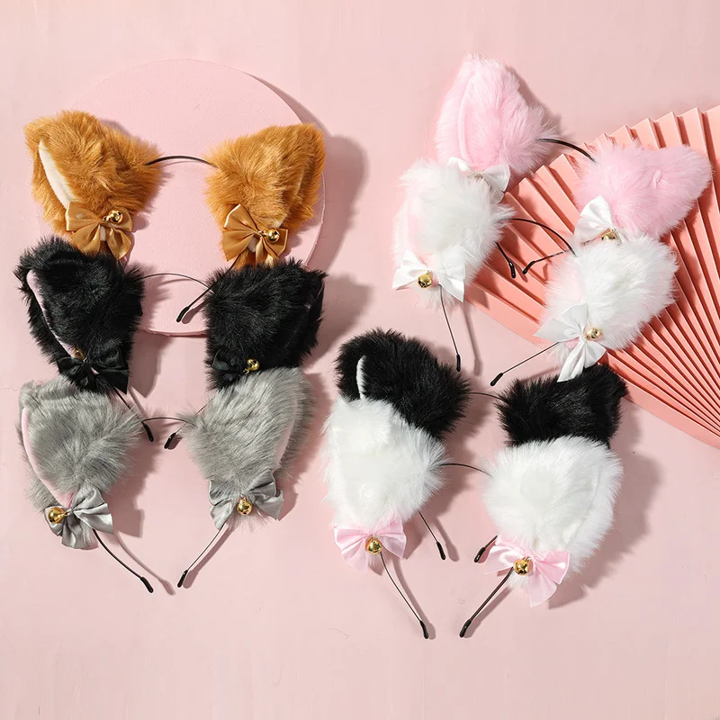 

Lovely Plush Cat Ears Bow Headband Necklace Lolita Cosplay Ear Bell Hairband Women Girl Costume Party Headwear Hair Accessory