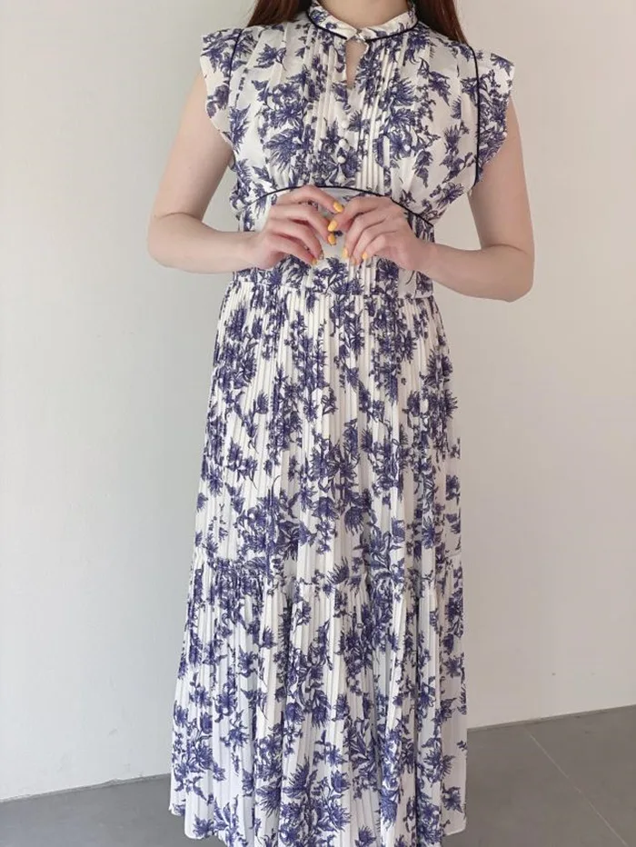 

2022 Summer New Chinese Style Vestido Round Neck Pleated Print Slim Waist Dress Fresh Sweert Flying Sleeve Femme Robe