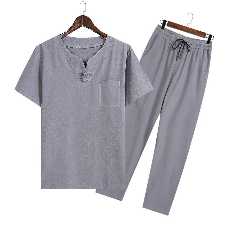 

2022 Baru Pakaian Tradisional Cina untuk Pria Kemeja Set Tang Suit T-Shirt Linen Lengan Pendek Kasual V-Neck Longgar Warna Solid