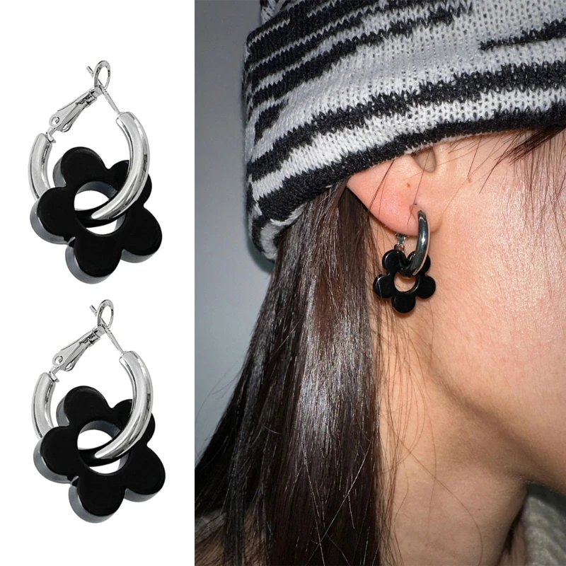 

Black Flower Hoop Earrings Piercing Jewelry Small Dangle Earrings Stainless Steel Material Circle Earrings for Women