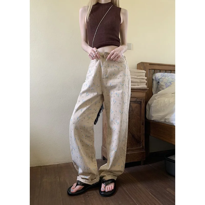 Korean Kawaii Flower Pants Jeans Women Casual High Waist Wide Leg Y2k Streetwear Cute Denim Trousers 90s Aesthetic