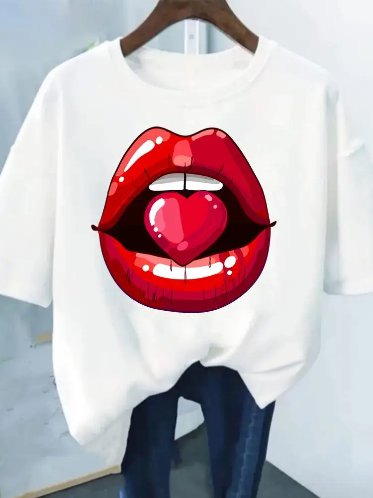 

Short Sleeve Women Lip Watercolor Cartoon Trend Clothing Print Graphic Tee Summer Fashion Clothes T Female Casual T-shirts