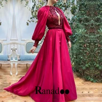 o neck sexy lantern sleeve stain evening dresses appliques detachable train gown robe de ball stretch personalised