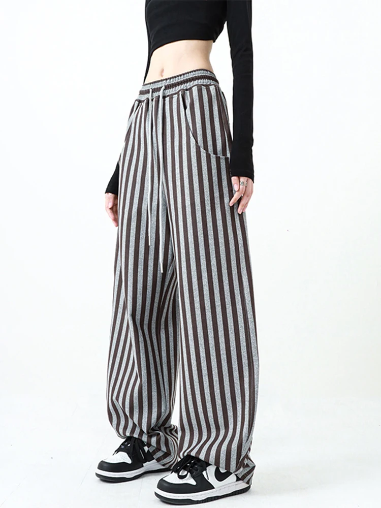 

Contrast Color Striped Design Women Sweatpants 2022 Autumn Drawstring Tie Up Pants High Waist Loose Wide Leg Trousers Streetwear