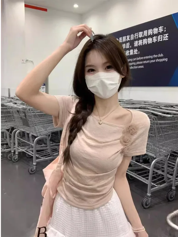 Французская модная футболка с коротким рукавом и трехмерными цветами для женщин