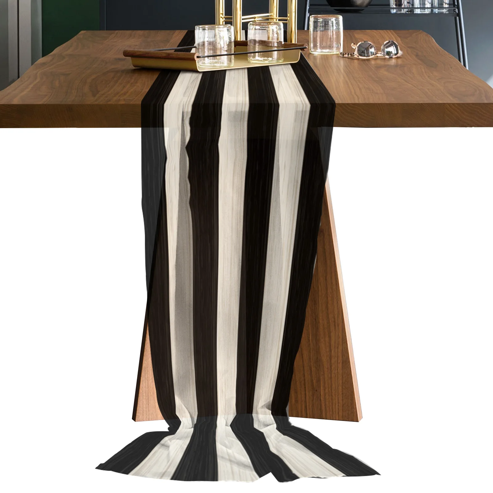 

Wood Grain Black And White Stripes Table Runner Sheer Chiffon Luxury Boho Wedding Party Birthday Gauze Tablecloth