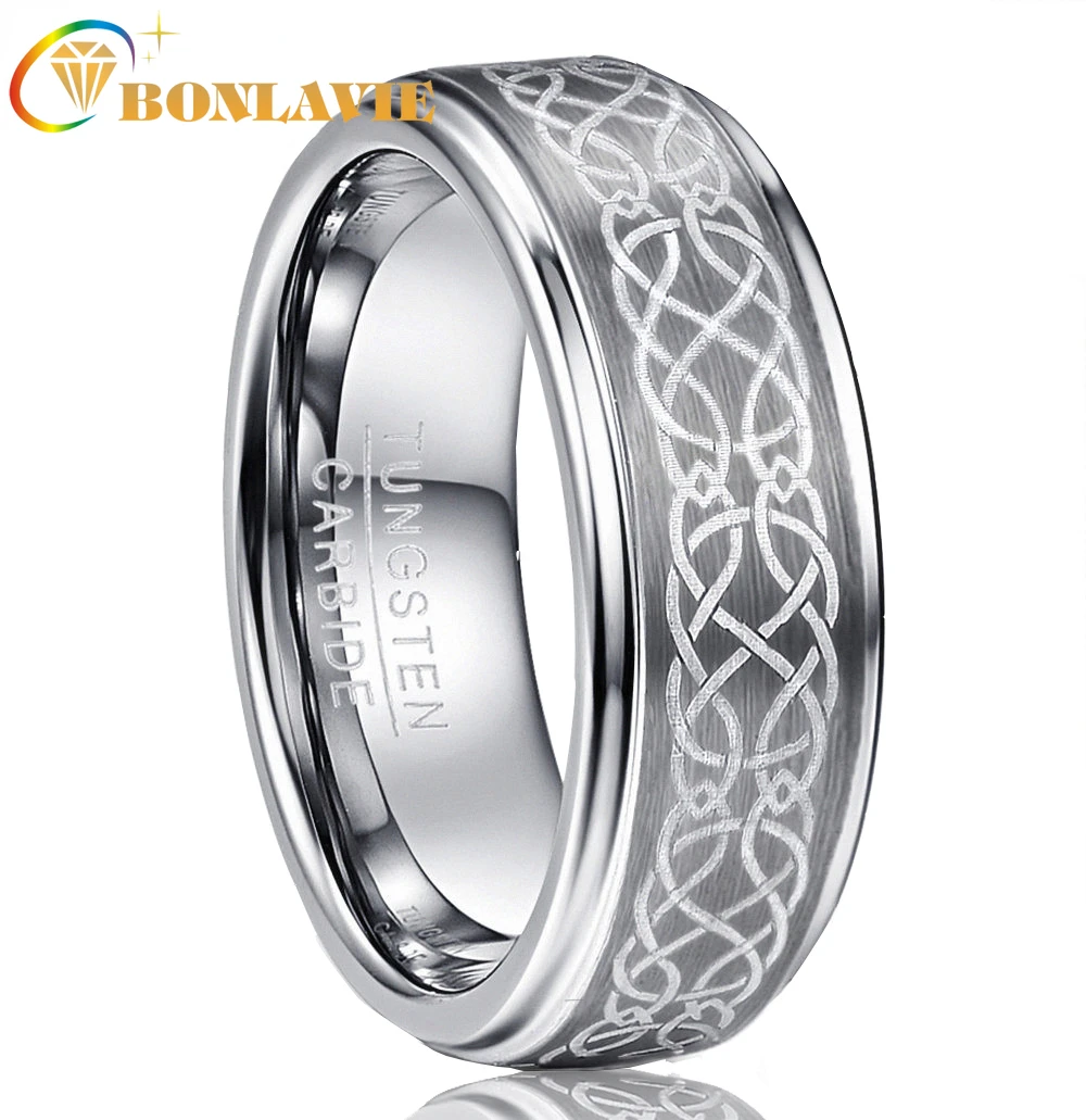 

BONLAVIE Men's 8mm plating Laser Knot Brushed Tungsten Carbide Wedding Band Rings Polished Step comfort fit Size 6-14