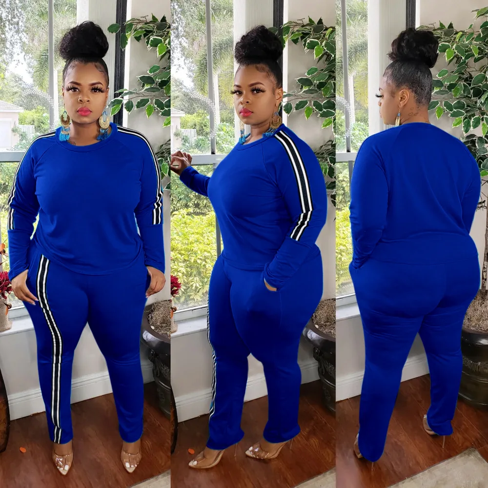 Plus Size Women Sets Long Sleeve Strip Shirts And Pants 2022 Autumn Two Piece Sets Fashion Female Club Wholesale Clothes