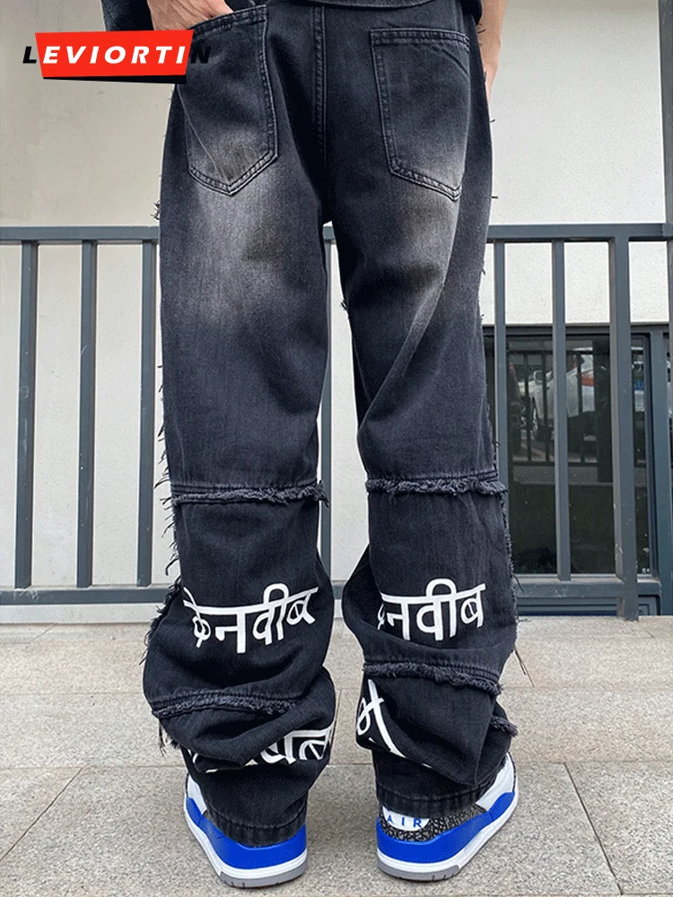 

Джинсы мужские и женские рваные потертые в стиле ретро, повседневные Прямые брюки из денима оверсайз с вышивкой надписью на спине, в стиле хип-хоп, черные