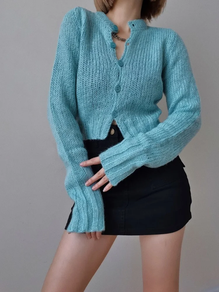 

American O Neck Sweater Gentle Lazy Long Sleeve Short Knitted Sweater Tops Blue Women Fashion Tops Sweater C310