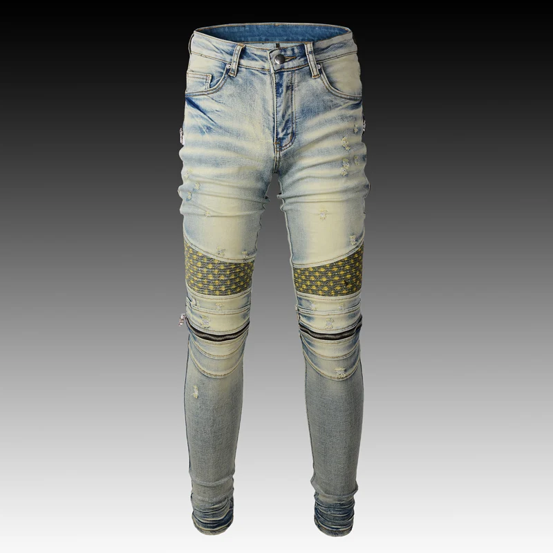 

American Street Style Fashion Men Jeans Retro Washed Elastic Slim Fit Spliced Designer Biker Jeans Homme Hip Hop Punk Pants Men