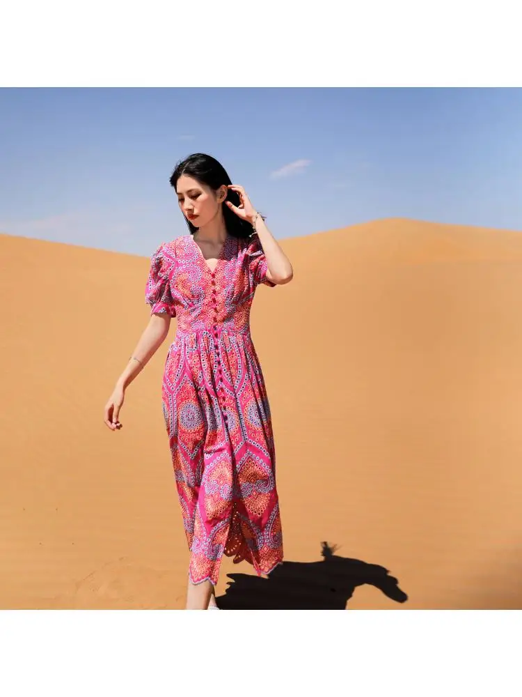 

2023 Summer V-Neck Elegant Puff Short-Sleeved Hollow Out Embroidered Cotton Single Breasted Vacation Holiday Women Long Dresses