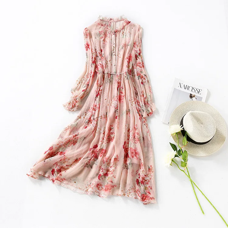 Summer New Women Mid Length Slim Fashion Printed Soft Mulberry Silk Dress Pink Flowers Round Neck Grace Thin Ladies Dresses