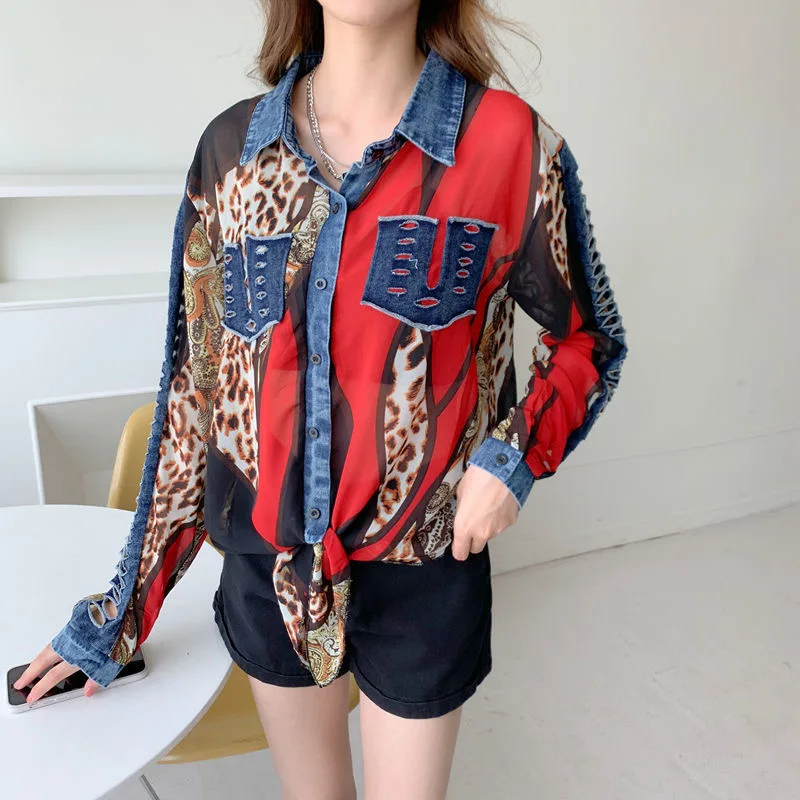 Шикарные женские шифоновые джинсовые рубашки в стиле пэчворк топы с дырками и