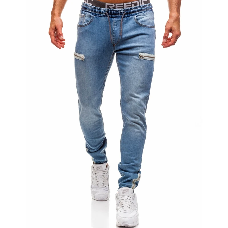Men Jeans Spring and Summer Solid Color Slim-Fit Zipper Sports Jeans Men's Casual Lace-up Mid-Waist Denim Pencil Pants Trousers