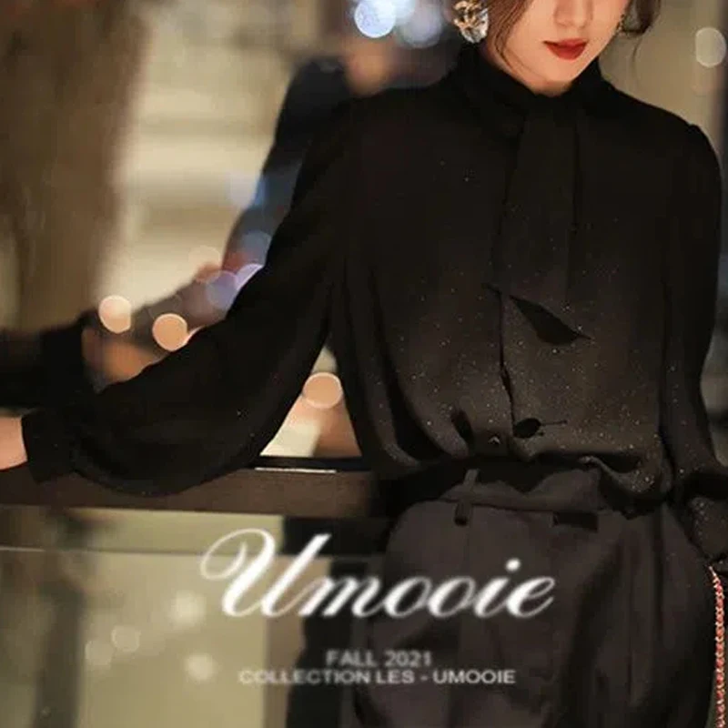 Весенне-осенняя новая однотонная модная рубашка с шарфом и воротником длинным