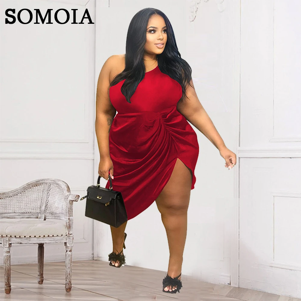 

SOMOIA XL-5XL Plus Size Dresses Solid Color Sexy Slit One Shoulder Dress Stylish Elegant Party Dress Wholesale Dropshipping